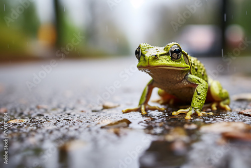 Green frog sitting on road