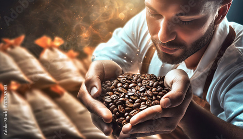 Mężczyzna sprawdzający aromat trzymanej w dłoniach kawy