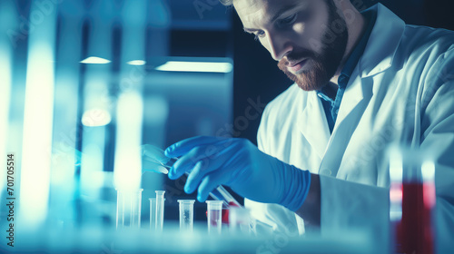 Featuring a lab technician engaged in the examination of blood samples, includes copyspace for text, perfect for illustrating clinical research and diagnostics.