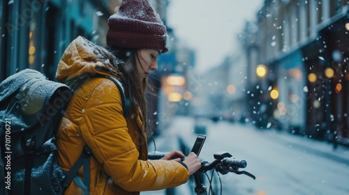 A woman with a backpack is seen looking at her cell phone. This image can be used to depict modern technology usage and communication while on the go