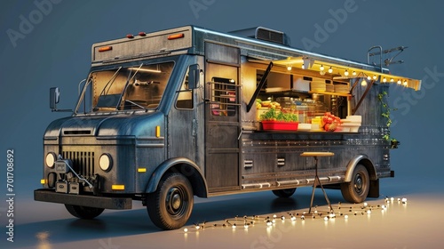 A food truck is parked on the side of the road. It can be used to represent street food, mobile dining, or food vendors. Great for food-related articles, blogs, or restaurant promotions