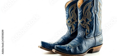 Navy blue weather-resistant cowboy boots isolated on white.