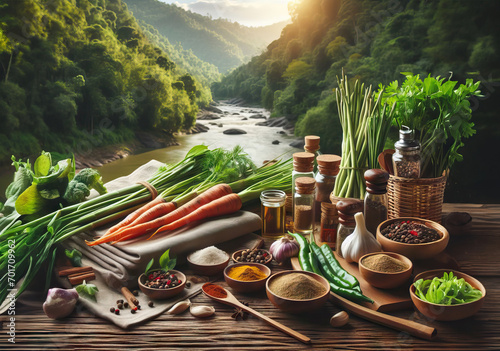 spices and herbs for cooking, food ingredients, concept of flavor, on wooden table, kitchen towel, green bamboo and river nature view