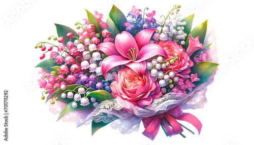 Watercolor of a very beautiful colorful flower bouquet. Flowers bunch for valentine's day.