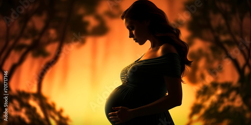 Silhouette of a pregnant woman on an evening background . Generative AI