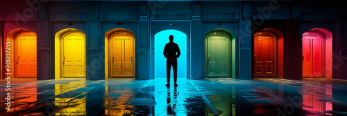 businessman in front of multiple doors of diverse colors as symbol for different opportunities. Generative ai