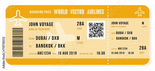 Boarding pass. Modern airline ticket for a Dubai Bangkok flight. PNG graphic on transparent background.