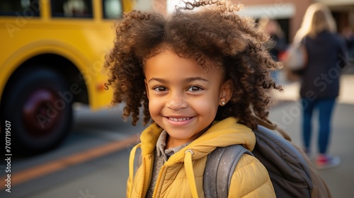 Smiling elementary school girl going to school