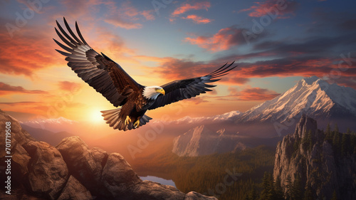 Beautiful eagle is flying in the sky at sunset background.