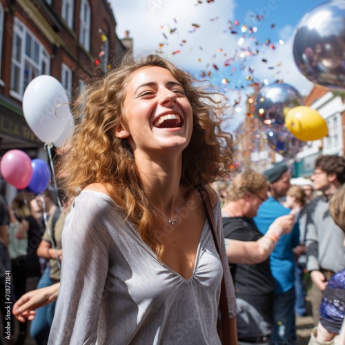 Young woman in the street, very happy, enjoying a festive atmosphere with balloons, confetti and more people