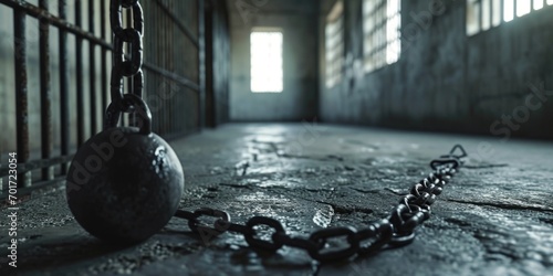 A ball is seen chained to a chain inside a jail cell. This image can be used to represent confinement, restriction, or imprisonment