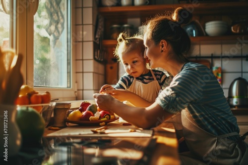 A woman and child are seated at a kitchen counter. This image can be used to depict family bonding, cooking, or mealtime activities