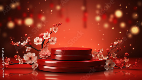Luxury Red Podium with Sakura branches of blossoming against blurred lighting background. Design for Chinese New Year festival celebration, advertising or product presentation. Generative AI