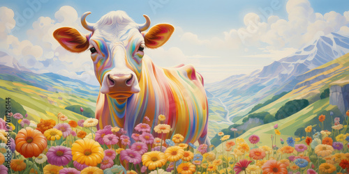 Psychedelic colorful cow on floral spring meadows with mountains in the background.