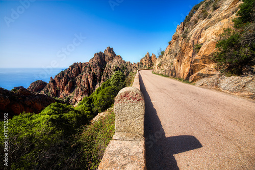 Milestone on the Road at the Famous Rock Formations Calanques de Piana between Piana and Porto on Corsica, France