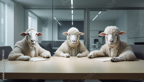 Sheep sitting at a big office table, dressed in a business suit. Corporate look, entrepreneur, at the meeting