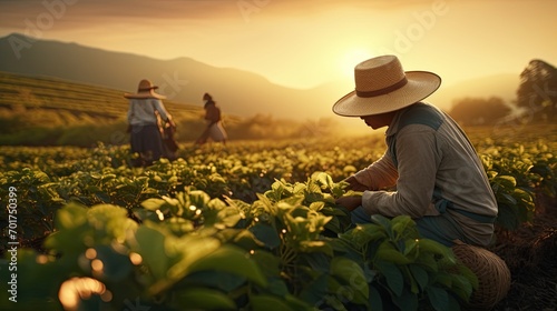 Farmer workers working at coffee plantation fields harvesting beans wearing vintage clothing with straw hats.