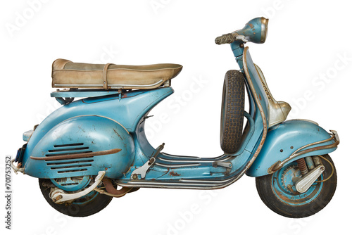 Side view of a vintage blue Italian scooter from the fifties