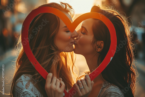 lesbian couple holding a heart-shaped frame and kissing each other outdoor