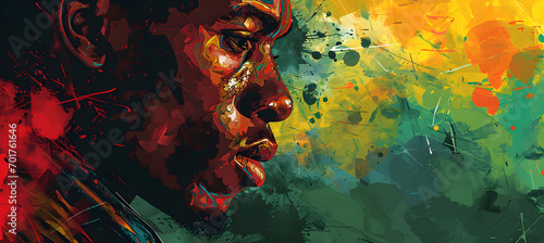 Celebrate black history month with a colorful background featuring a portrait of a man, in red, yellow, and green,
