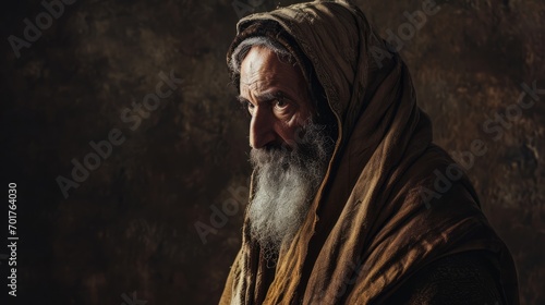 Portrait of an old patriarch with a long gray beard and mustache in a brown shawl. Biblical character.