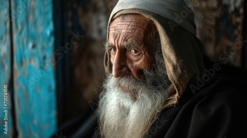 Close-up portrait of an old patriarch with a long white beard and mustache. Biblical character.