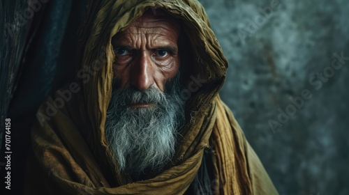 Portrait of an old Patriarch with a long gray beard in a yellow shawl. Biblical character.