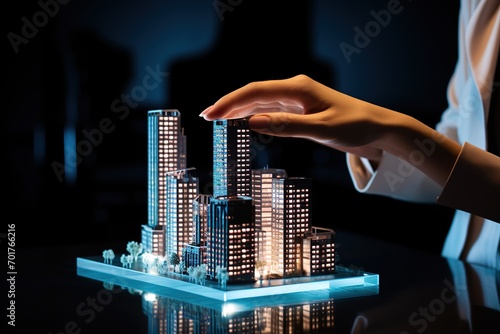 Woman touching virtual buildings model in a meeting, in the style of blish neon, black and azure tones. Real estate concept