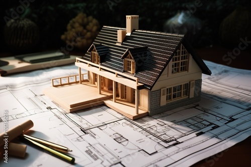 A scale wooden model of an American house made by an architecture studio presented on a construction blueprint on an architect's table