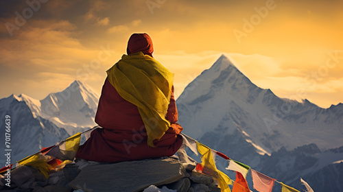 Buddhist monk meditating on the top himalaya mountain. prayer flags 