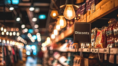 Closeup of a signboard with the word discount in a store