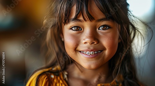 Indian young girl in braces smiles happily. Taking care of dental health, oral hygiene for kids