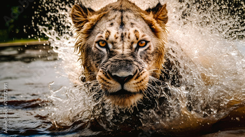 Lionne féroce avec des éclaboussures d'eau autour de lui