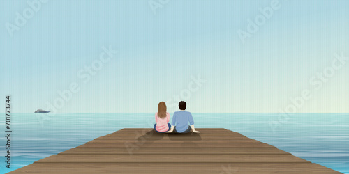 Couple of lover sitting on the pier have tropical blue sea and blue sky background vector illustration. Honeymoon concept illustrate poster have blank space.