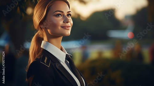 A young woman in a uniform is looking up at the sky as she waits for her flight in the park.