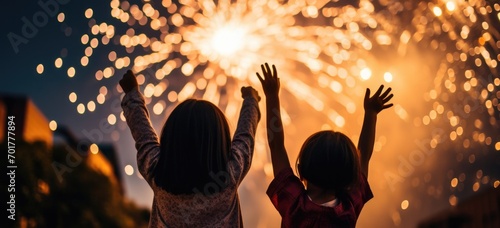Children enjoying fireworks display during festive celebration. Holiday and joy. Banner.