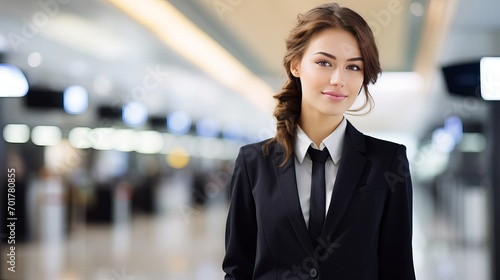 A portrait of a beautiful stewardess at the airport during a summer vacation and travel concept.