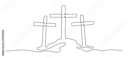 Three Calvary crosses on hill one continuous line vector illustration isolated on transparent background. Crucifixion of Jesus Christ concept. Resurrection concept