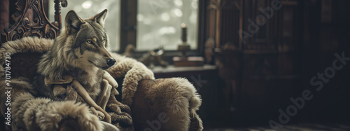 fantasy photography, a wolf sits in a chair, dressed in a sheepskin coat.concept - a traitor, a hypocrite with selfish intentions, pretending to be good for selfish purposes