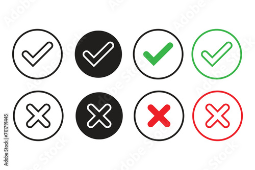 approved and reject icons, accept and not accept, check and cross. isolated white background color. vector illustration