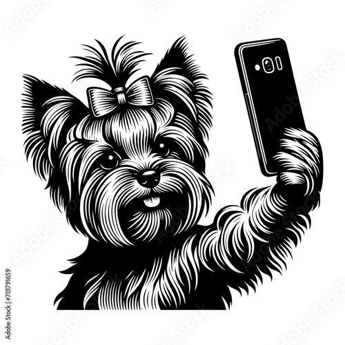 cute Yorkshire terrier dog taking selfie with smartphone illustration