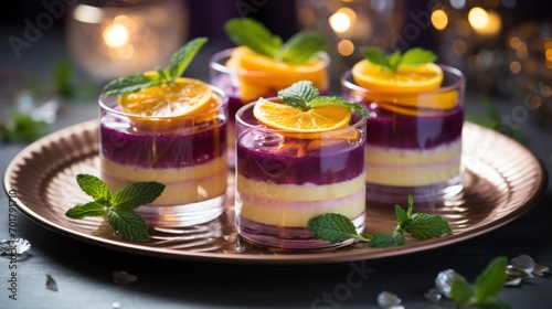  three desserts sitting on a plate with orange slices and mint garnishes on top of each of them.