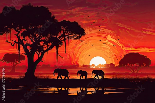 African landscape with elephants at sunset, vector illustration for your design, AI Generated