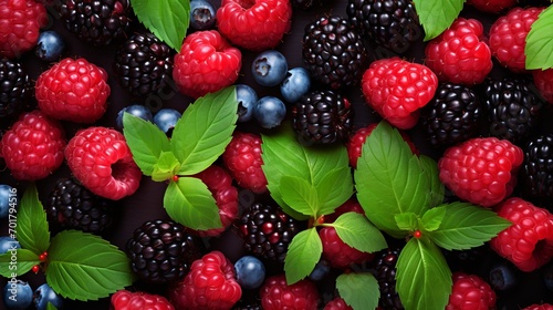 The background includes blackberries, raspberries, blueberries, red currants, and mint.
