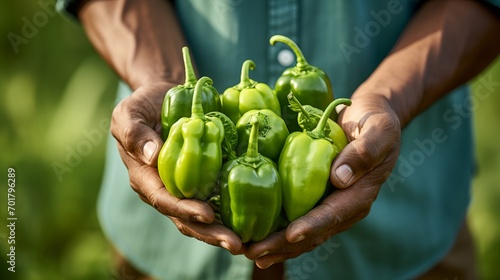 An image of a person holding green peppers in close-up.