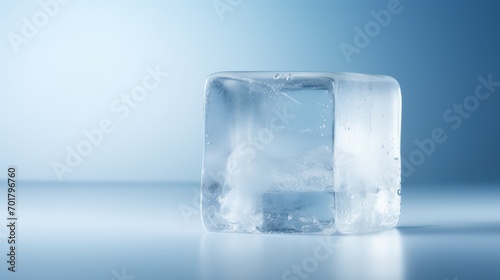  an ice cube with water inside of it on a blue and white background with a reflection of the ice in the glass.