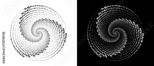 Abstract numbers one and zero in a spiral. Big data or chaos concept, logo icon or tattoo. Black shape on a white background and the same white shape on the black side.