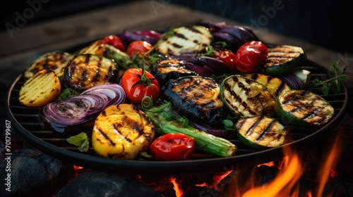  a plate of grilled vegetables sitting on top of a bbq with a fire in the backround.