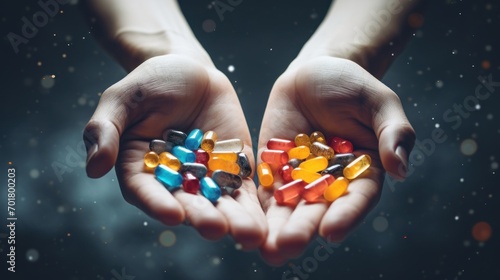  a pair of hands holding multicolored pills in the palm of a person's outstretched cuppeded hand.