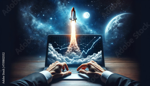 A space rocket launching from a laptop to the moon. With the profit graph display on the screen. Business and financial concept